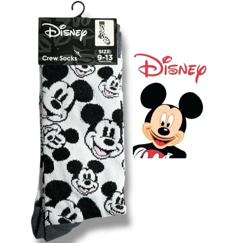 Disney Mickey Mouse Crew Socks Mens Fun Novelty Black White Unisex One Size 9-13